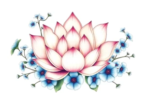 Lotus flower surrounded by forget me nots and peonies tattoo idea