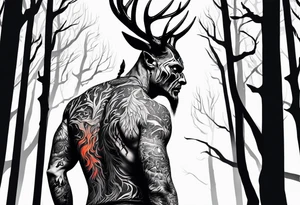 A spooky dead NO SKIN lore accurate wendigo side profile surrounded by a forest fire in background tattoo idea