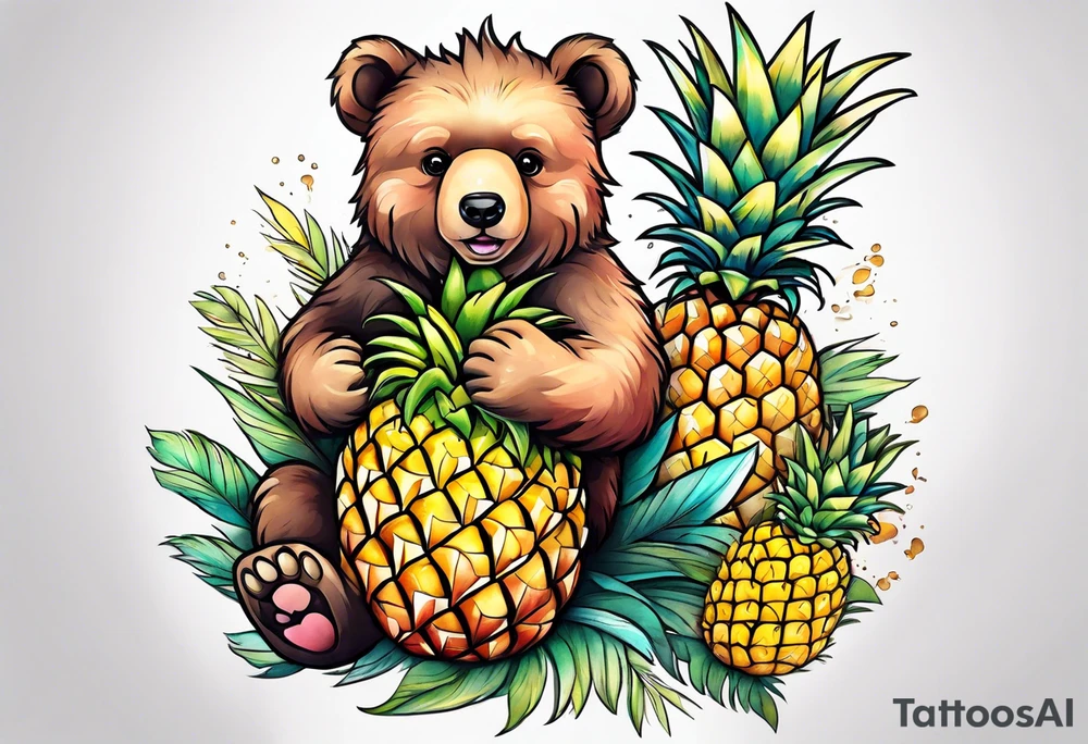 bear hugging pineapple tattoo idea