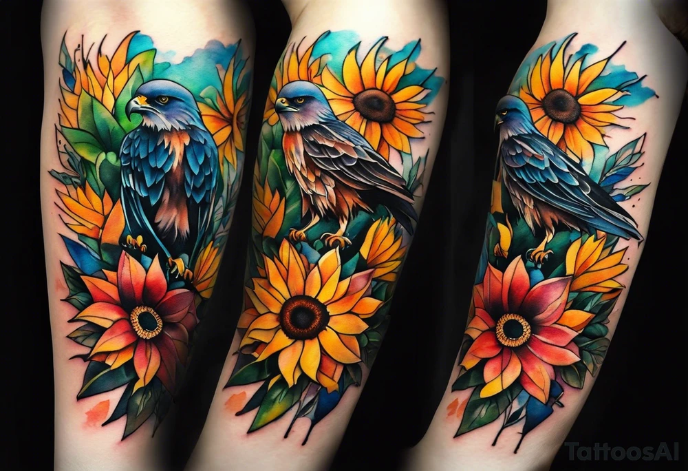 Small Watercolor inside arm tattoo, 4 inches. Black kite (Daya's name), nature (trees/flowers), rock/metal vibe (bold lines), sunflower. Bright colors! tattoo idea