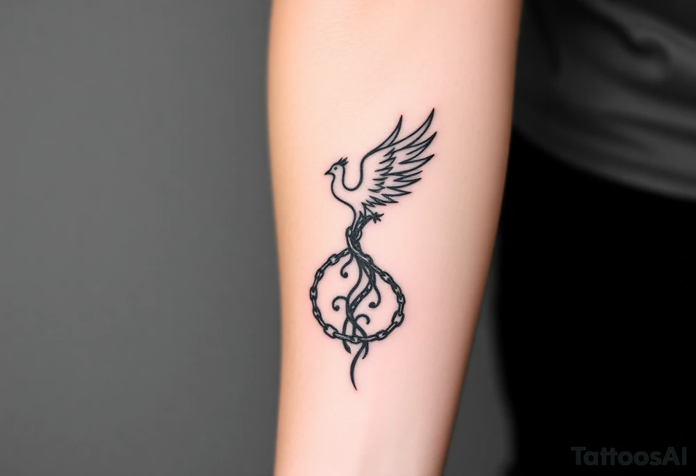 Create a minimalist tattoo design symbolizing personal rebirth. Phoenix or tree breaking through chains, representing freedom from addiction, self-forgiveness, and inner strength. Incorporate dates 21.02 and 22.02 subtly. Emphasize journey of healing, self-love, and dignity. tattoo idea