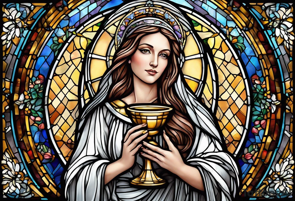 holy saint woman with halo stained glass holding a chalice tattoo idea