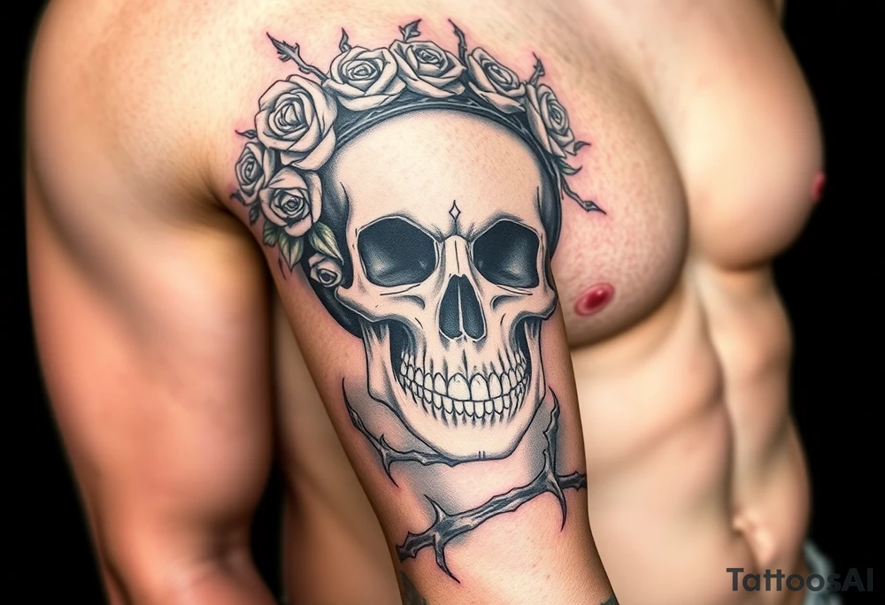 ornate skull adorned with crown of wild roses and thorns tattoo idea