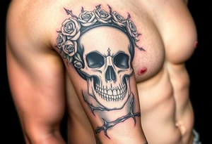 ornate skull adorned with crown of wild roses and thorns tattoo idea