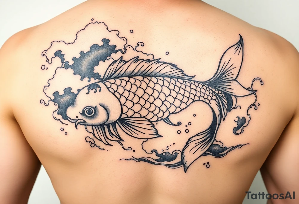 traditional koi fish swimming upstream through turbulent waves tattoo idea
