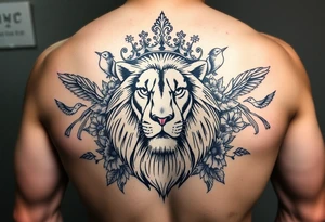 powerful majestic lion with a crown, surrounded by floral ornaments and birds tattoo idea
