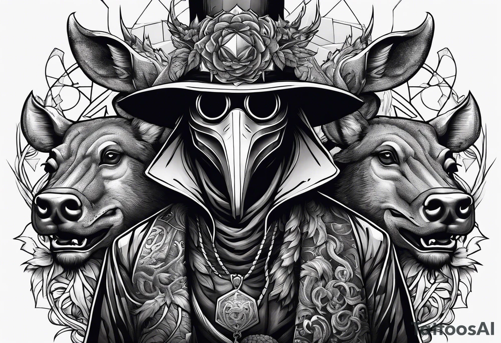 plague doctor surrounded by a scary boar, bull, pitbul, and snake tattoo idea
