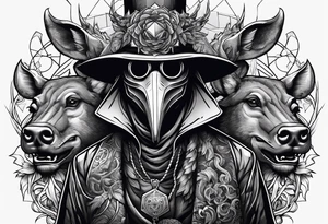 plague doctor surrounded by a scary boar, bull, pitbul, and snake tattoo idea