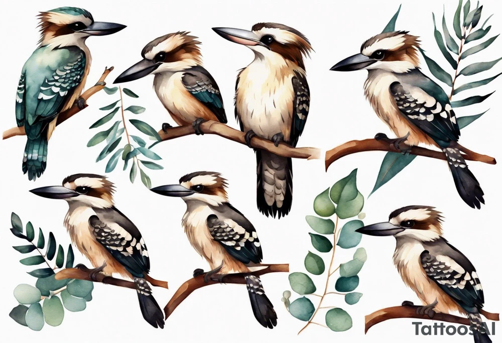 Small kookaburra sitting on eucalyptus leaves and wattle leaves tattoo idea