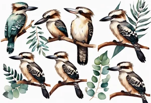 Small kookaburra sitting on eucalyptus leaves and wattle leaves tattoo idea