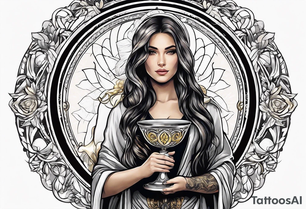 woman holding chalice surrounded by golden halo tattoo idea