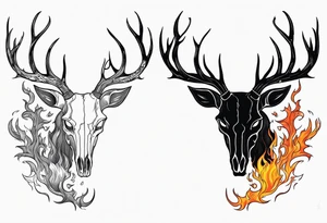 side profile of a DECAYING deer skull JUST BONE lore accurate wendigo surrounded by a flames and trees tattoo idea