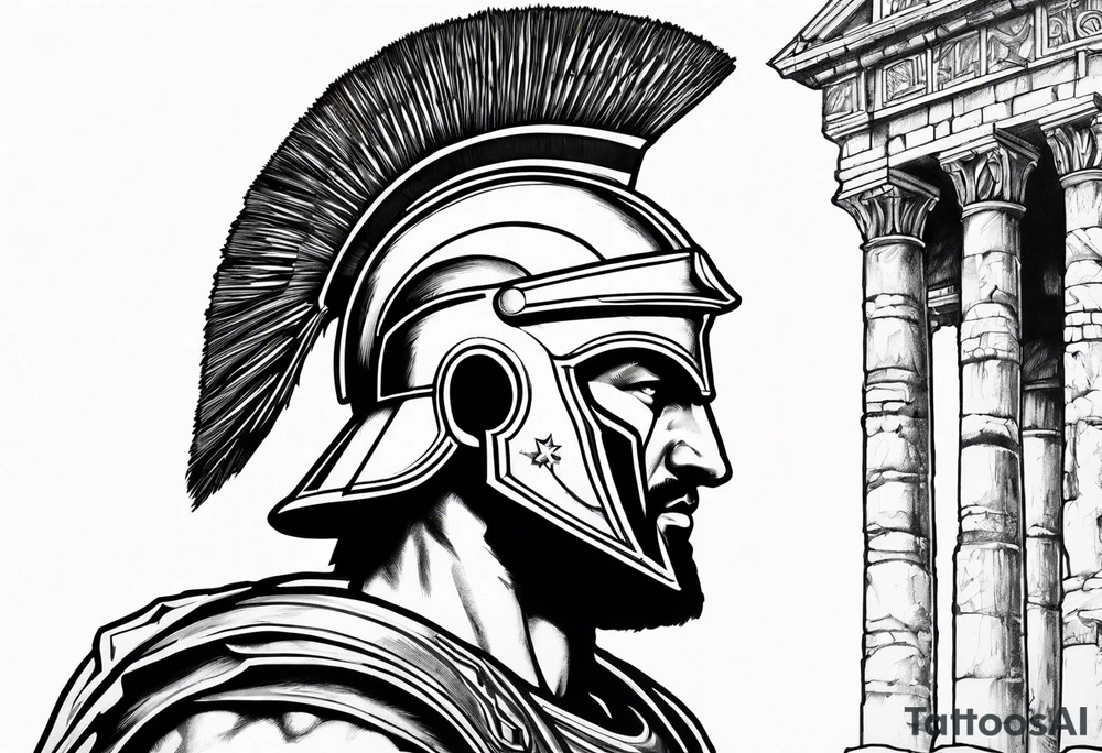 Side profile of spartan soilder with Roman buildings tattoo idea
