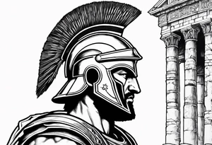 Side profile of spartan soilder with Roman buildings tattoo idea