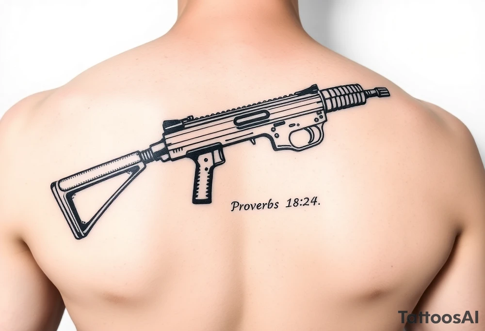 Arm tat
 Writing old school 
gun  76-2323 proverbs 18:24 tattoo idea