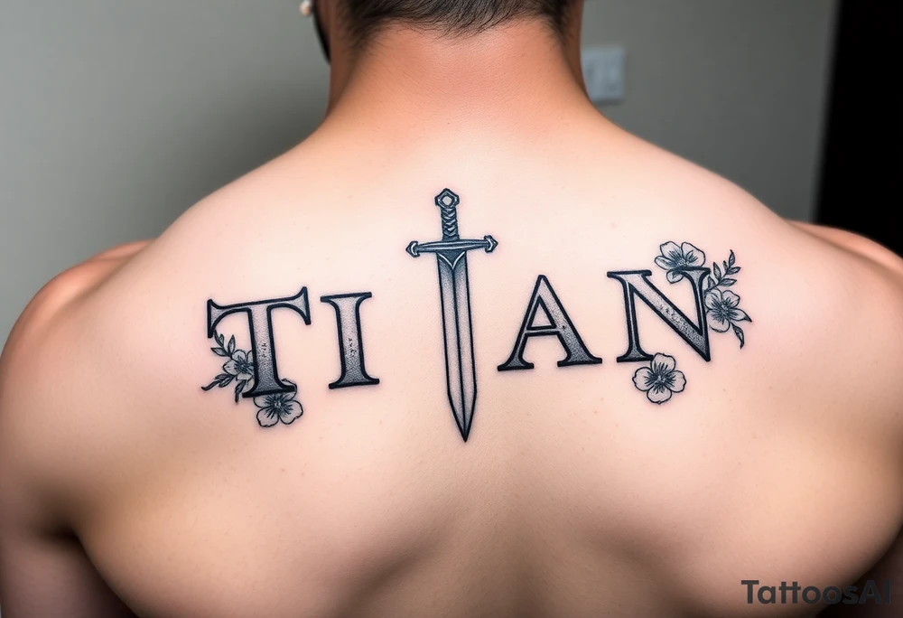 Name ‘Titan’ with birthday, Greek mythology inspired font with mini swords the T in Titan is a sword with cherry blossoms flowers around tattoo idea