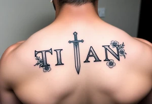 Name ‘Titan’ with birthday, Greek mythology inspired font with mini swords the T in Titan is a sword with cherry blossoms flowers around tattoo idea