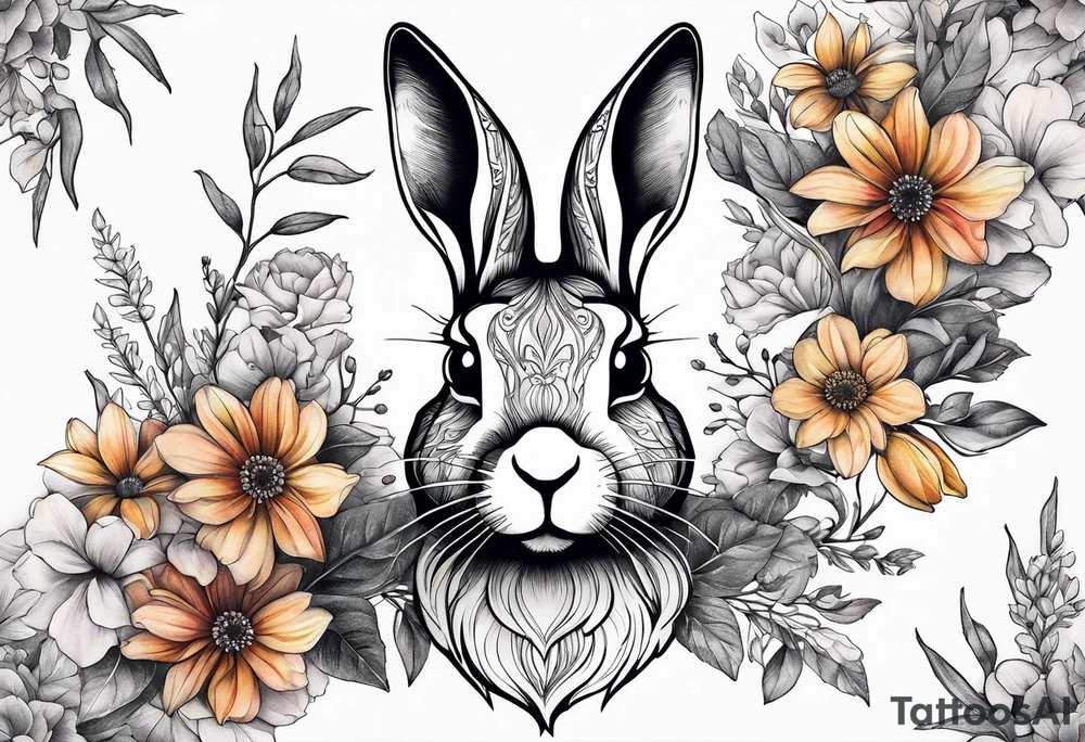 Realistic rabbit head in the middle of realistic flowers and leaves tattoo idea