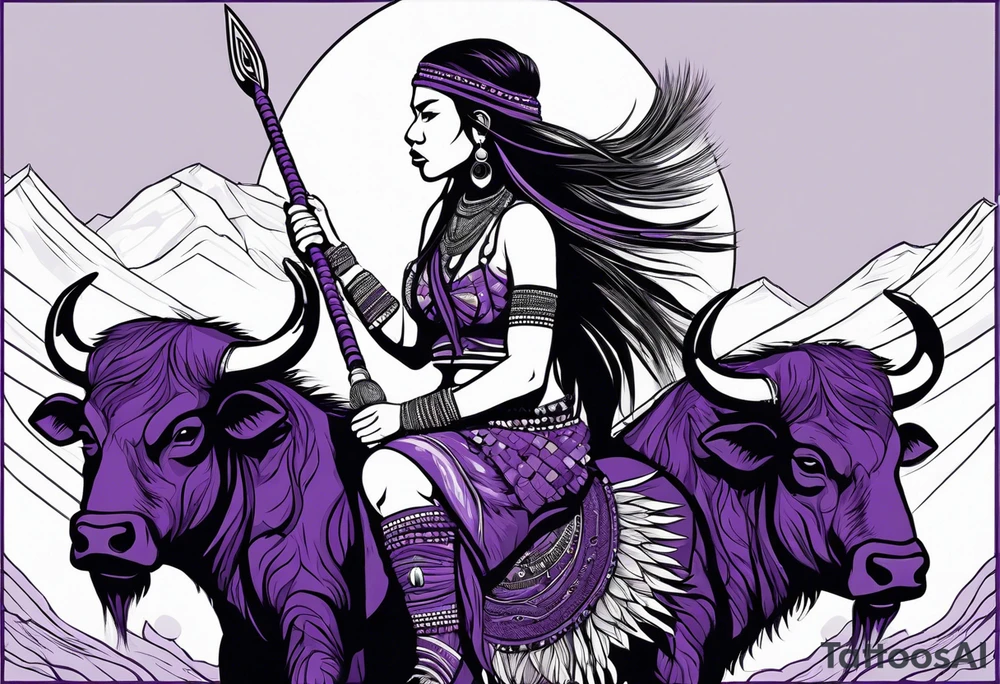 native woman female warrior with quiver on her back. she is wearing bead headband. she is sitting on a purple buffalo, the buffalo is standing up, standing still tattoo idea