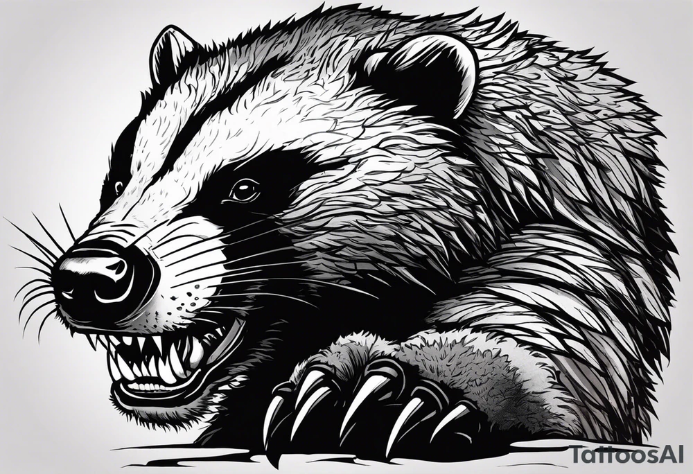 Draw me psychopath Fearless Honey Badger/Berserker with aggressive full body, killer face with a scary smile, very long nails and he attacks like a Bloody Assassin/Warrior/Gladiator to us and also, he has very deadly looking. He fights with his nails only. Everybody scares after their first sight. Give me horror type Badger Tattoo. I want to see his Realistic full body with no weapons. You can show destruction at the back. tattoo idea