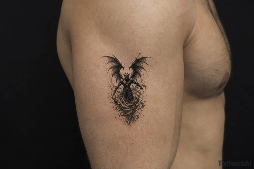 Winged air demon emerging from a swirling wind vortex, dark fantasy style. tattoo idea