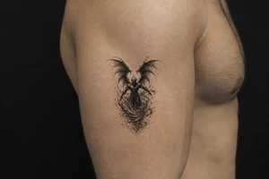 Winged air demon emerging from a swirling wind vortex, dark fantasy style. tattoo idea