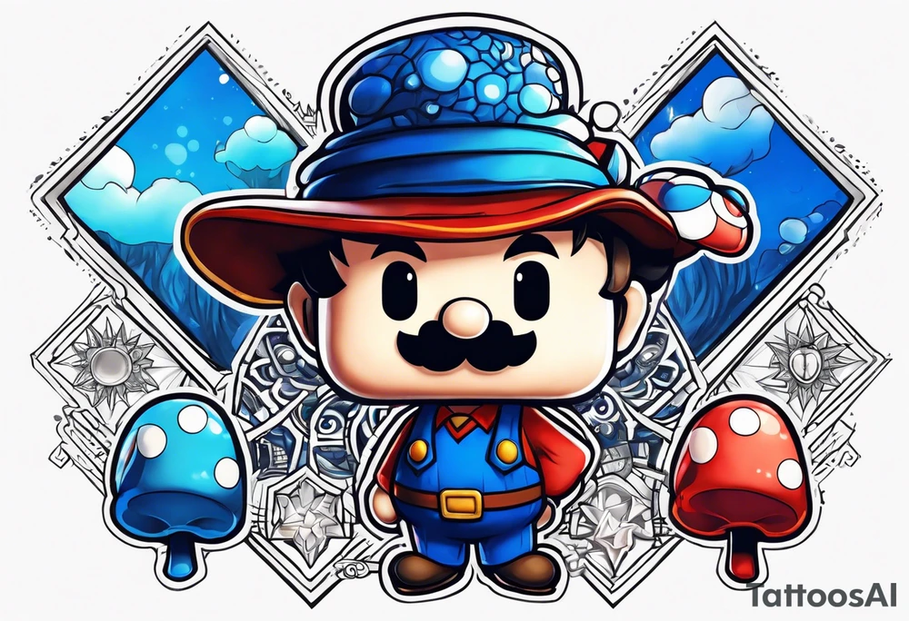 Harry potter word  with blue mushroom mario tattoo idea