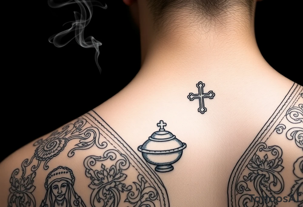 A Russian Orthodox Priest in full gold vestments swinging a censer with smoke curling upward 

The ornate robes give incredible fine line detail
The incense smoke could flow and connect to other elements
It ties directly into the church and Virgin Mary you already have
Very culturally authentic to the overall theme tattoo idea