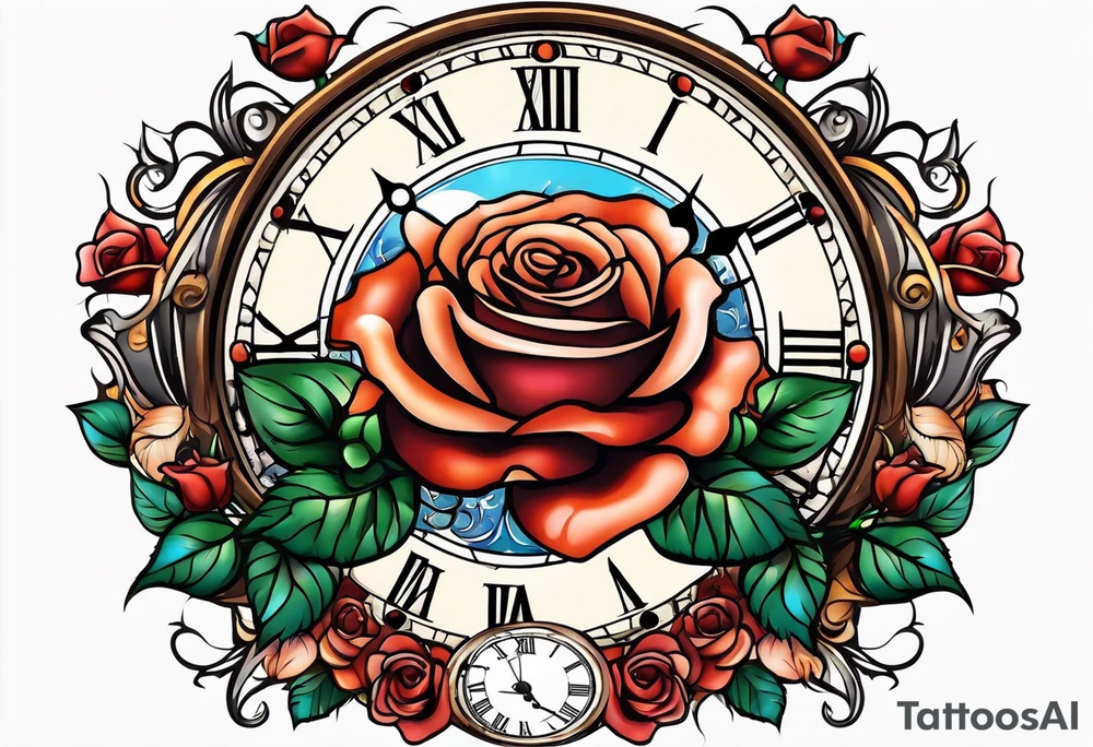 rose, sun, dove, clock, tattoo idea
