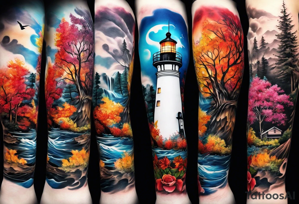 Arm sleeve with fall colors, various flowers, water flow, water splash, light house tattoo idea