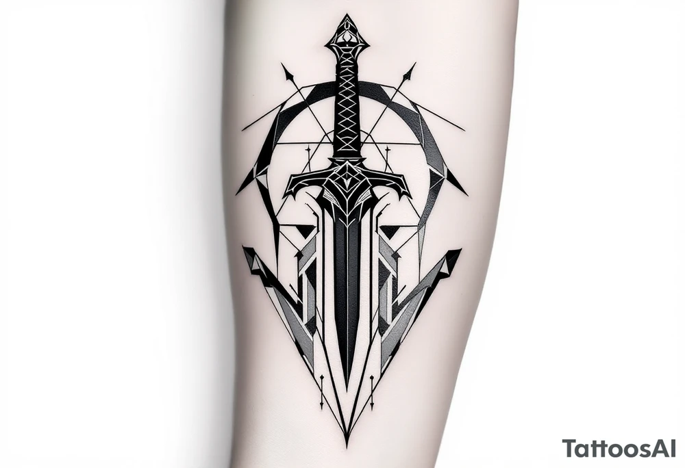 Geometric Dagger – A sleek, minimalist dagger surrounded by sharp geometric patterns, with the blade shaded in black and the surrounding shapes in deep charcoal gray with hints of bright white lines for contrast. tattoo idea