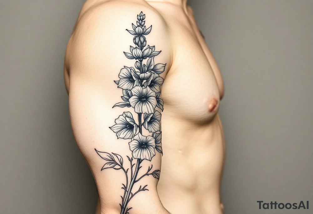 Aconitum flower going up the arm with details tattoo idea