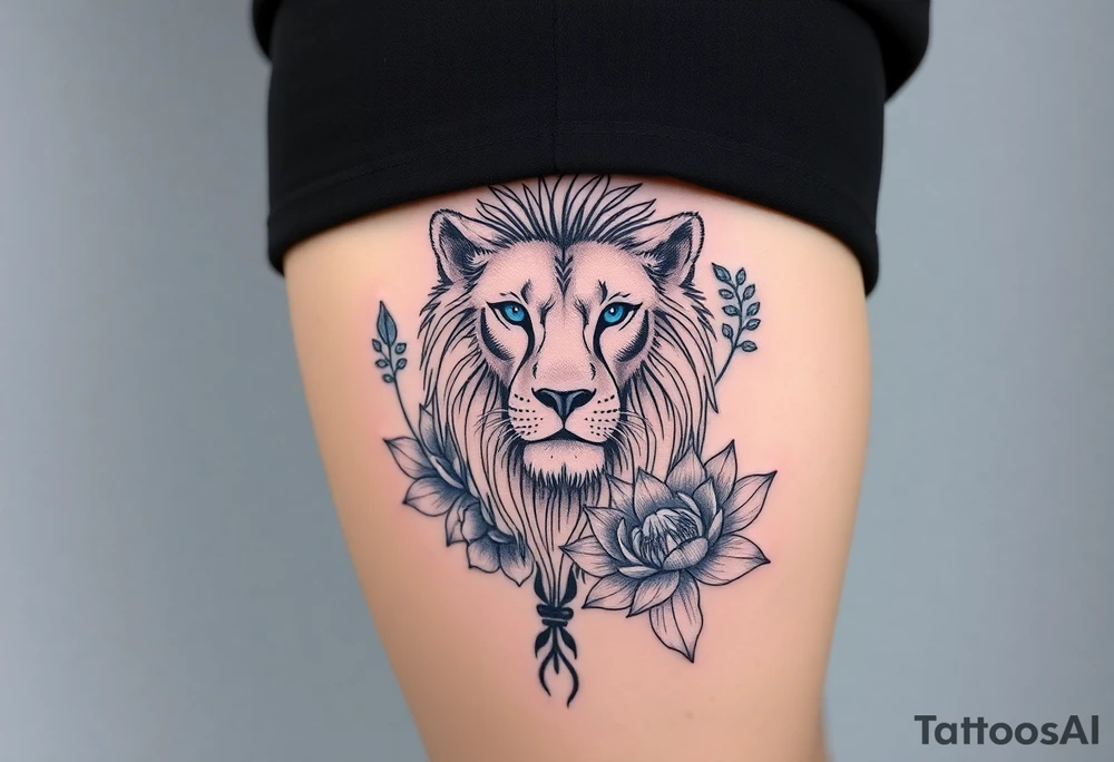 Lion with blue eyes surrounded by larkspur and water lily tattoo idea
