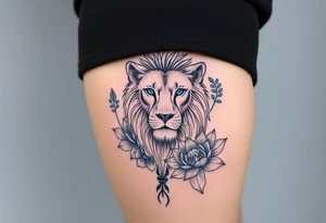 Lion with blue eyes surrounded by larkspur and water lily tattoo idea