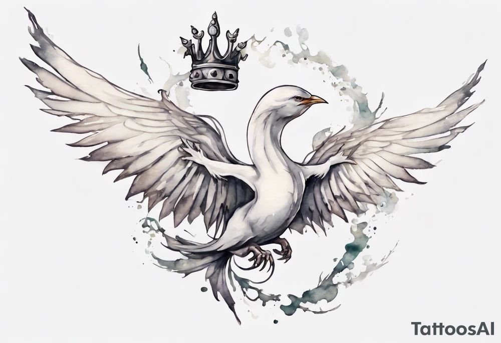 a white bird-serpent hybrid, wearing a small crown on its head, flying in the air tattoo idea