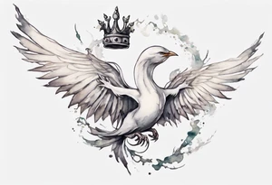a white bird-serpent hybrid, wearing a small crown on its head, flying in the air tattoo idea