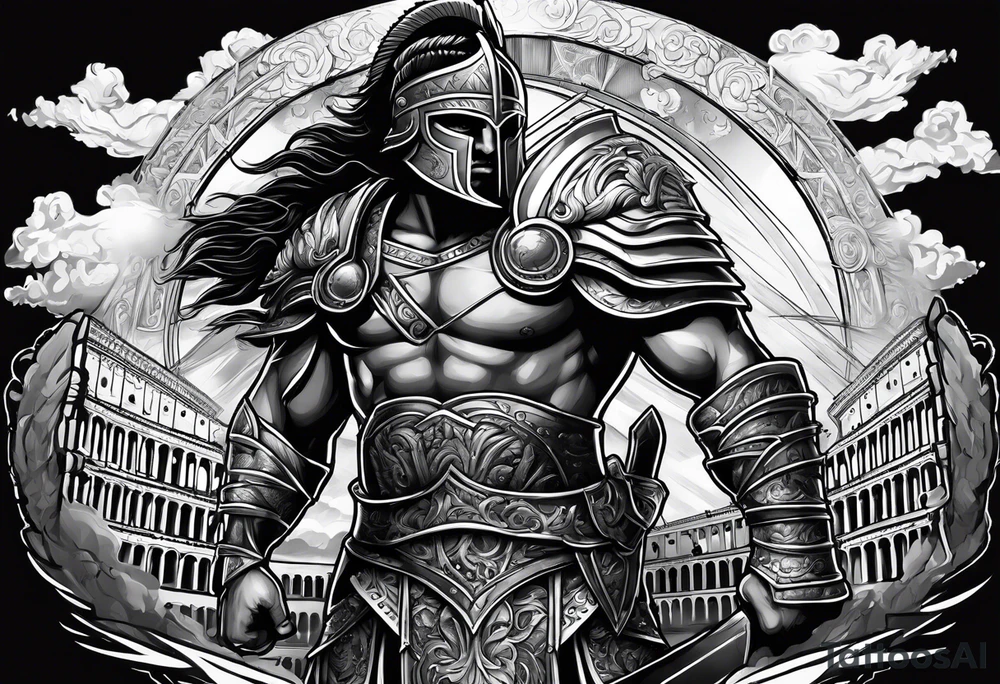 gladiator behind coloseum behind clouds and lightning tattoo idea