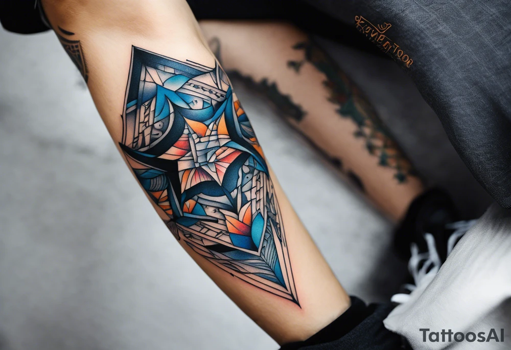 semi Detailed neo traditional knee tattoo flat on paper. The tattoo features geometric patterns and bold lines, creating a visually striking design with slight tints of deep fall colors. The background 
outside the tattoo features deep blues washes and water swirls tattoo idea