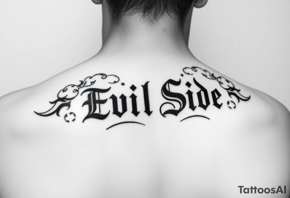 powerful bold saying Evil Side black and white with shading and clouds around it tattoo idea
