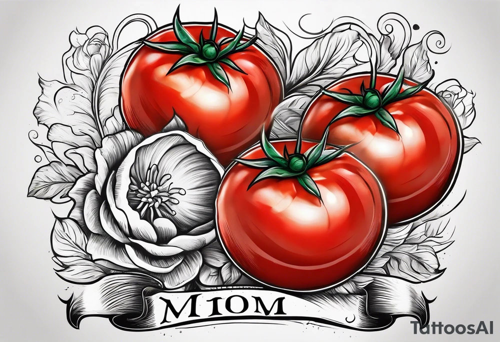 Red tomato with a mom banner around it tattoo idea