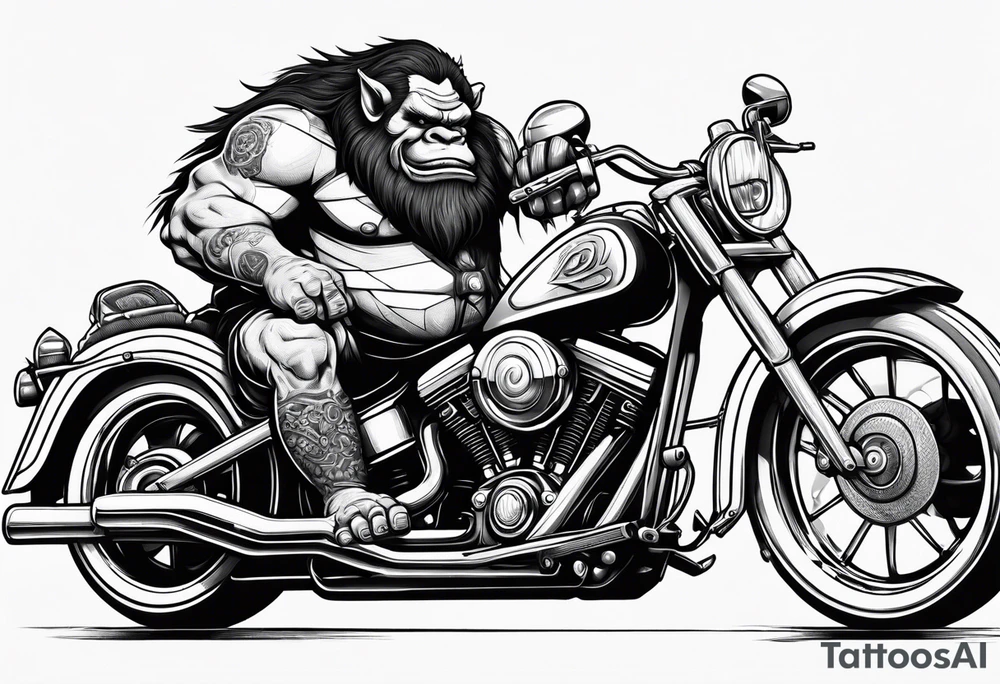 Ogre riding a Harley with ape hanger handlebars tattoo idea