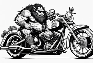 Ogre riding a Harley with ape hanger handlebars tattoo idea