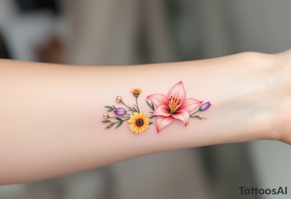 Dainty Stargazer lillies pale pink with no outline 
with small yellow sunflowers and pale purple tulip buds in a dainty wildflower bouquet with light green stems tattoo idea