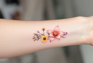 Dainty Stargazer lillies pale pink with no outline 
with small yellow sunflowers and pale purple tulip buds in a dainty wildflower bouquet with light green stems tattoo idea