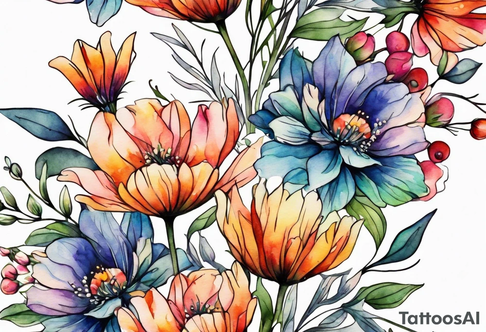 wild flowers long stems bouquet all watercolor tattoo idea