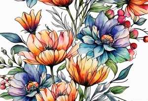 wild flowers long stems bouquet all watercolor tattoo idea