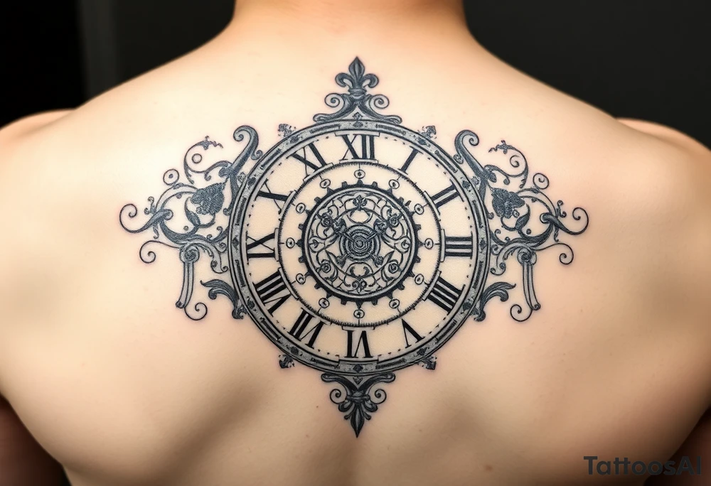 vintage roman numerals within ornate clockwork mechanism tattoo idea