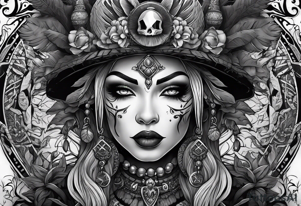 witch doctor, finely detailed, full bodied, dark fantasy style tattoo idea