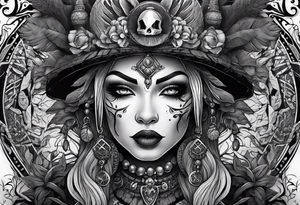 witch doctor, finely detailed, full bodied, dark fantasy style tattoo idea