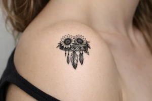sunflowers with feathers and female Indian headband ribbon tattoo idea